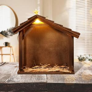 Wenqik Christmas Nativity Stable with LED Star Light 10.8 Inch Wooden Manger for Nativity Scene Nativity Creche Stable Home Desk Decor for Holy Family (Without Figurines and Batteries)