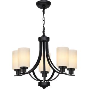 MELUCEE 5 Lights Chandeliers for Dining Room Traditional Chandelier Classic Black Pendant Light with Milky White Glass Shade, Mid Century Modern Chandelier for Kitchen Foyer Bedroom