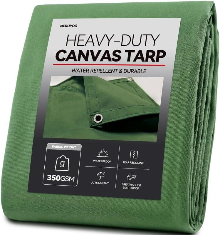 12x16 Heavy Duty Canvas Tarp, Olive Drab 12 Oz Canvas Tarp with Rustproof Grommets, Multipurpose Tarpaulin for Camping, Canopy Tent, Roof, Woodpile, Trailer Equipment (Green)