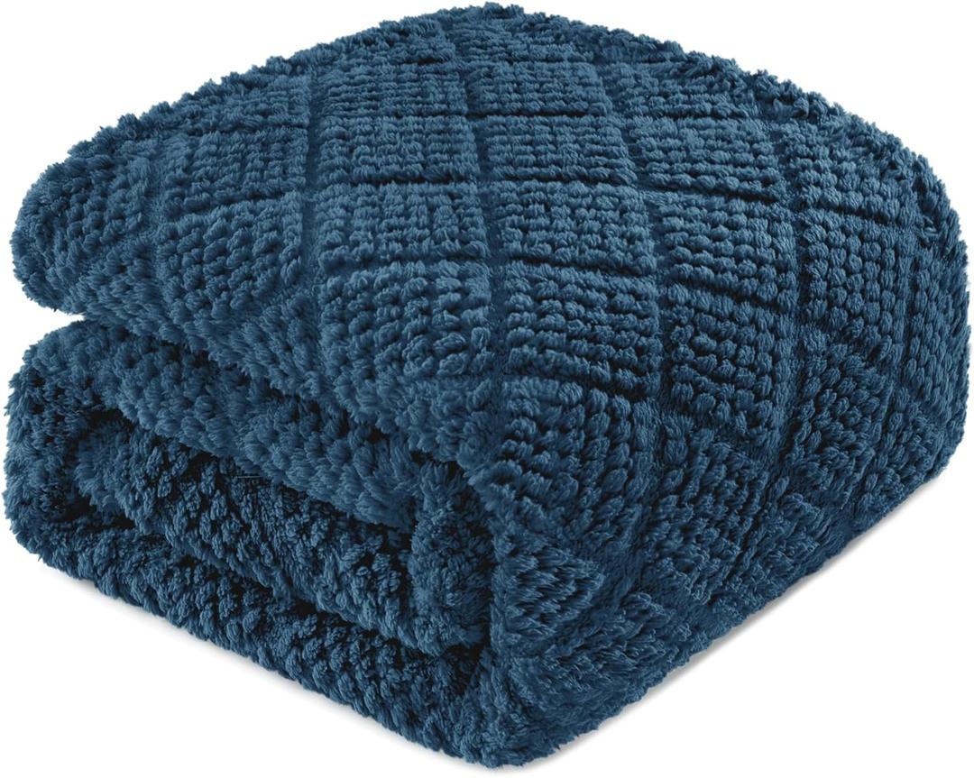 Whale Flotilla Fuzzy Fleece Throw Blanket for Couch, Bed, Soft Fluffy Jacquard Waffle Blankets for All Season, Lightweight and Warm, 50x60 Inch, Navy Blue