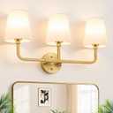 MOKATNG Bathroom Light Fixtures, 3-Light Brushed Gold Vanity Lights, Bathroom Lighting Fixtures Over Mirror with Flared White Fabric Shade, Modern Wall Sconces for Living Room Hallway