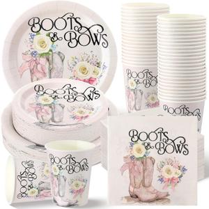 Havawish 250 Pcs Boots or Bows Gender Reveal Decorations Boy or Girl Western Gender Reveal Paper Plates Cups Napkins Pastel Tableware Set for Baby Shower Birthday Party