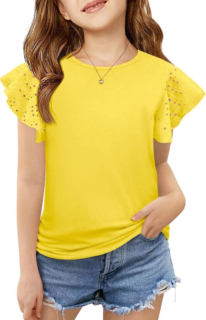 ZDC Girls Ruffle Sleeve T Shirts Summer Crewneck Eyelet Tee Short Sleeve Tops Casual Cute Blouse  (Yellow, L)
