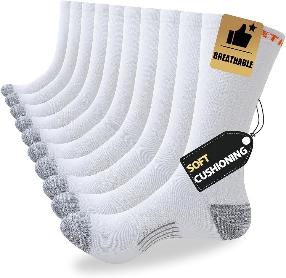 JOYNE 5/10 Pairs Mens Lightweight Athletic Crew Cushioned Breathable Work High Calf Long Boot Socks, 13-15