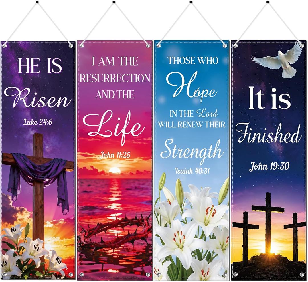 Colorful Bible Church Banners with Scripture, 4PCS Christian Hanging Sign Wall Decor for Sanctuary Wall, Faith Religious Scriptures Backdrop Supplies for Sunday School Classroom, 6x2 Ft