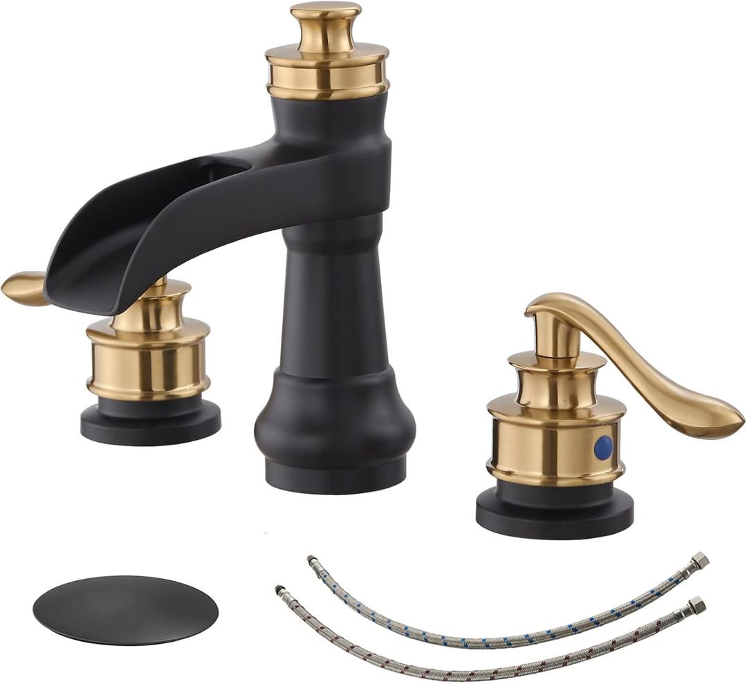 BWE Black and Gold Widespread Bathroom Faucet 3 Hole 8 Inch 2 Handles Commercial Bathroom Sink Faucet with Brass Pop Up Drain Stopper and Supply Lines Bath Vanity Lavatory Mixer Tap