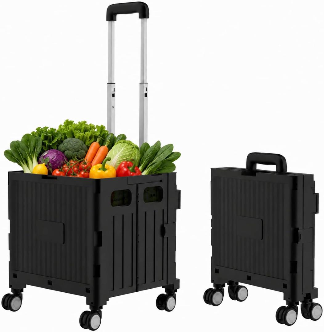 Foldable Shopping Cart with Wheels: Black Rolling Utility Crate