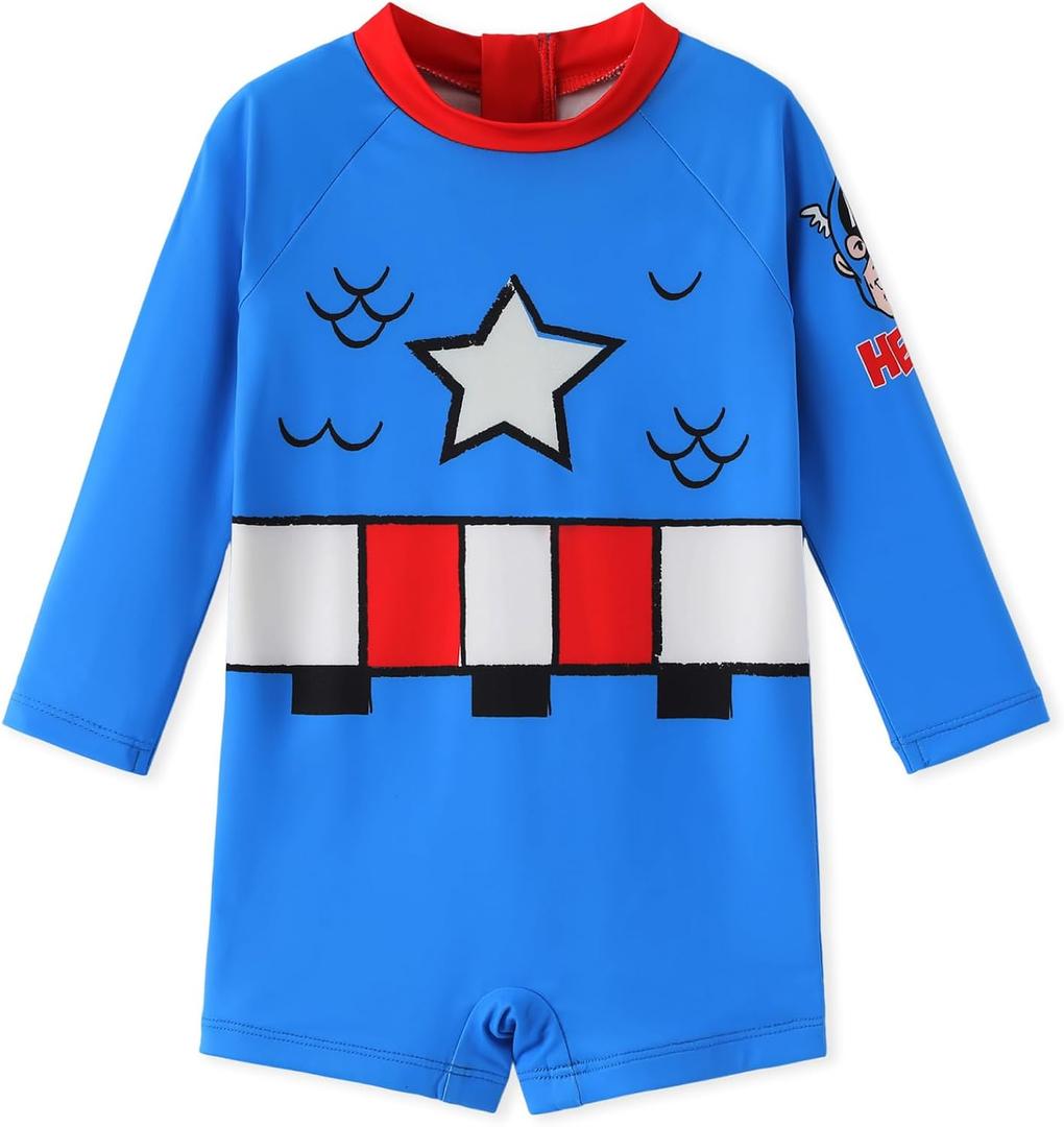 Disney Marvel Stitch Cars Spiderman Mickey Mouse Baby Boy Swimsuit Infant Toddler Bathing Suit UPF 50+ Zipper Long Sleeves (Blue)