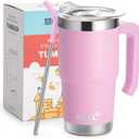 Insulated Tumbler with Handle 16 oz Stainless Steel Double Wall Vacuum Tumbler Cups Travel Coffee Mug with Lid and Straw (Purple Pink)