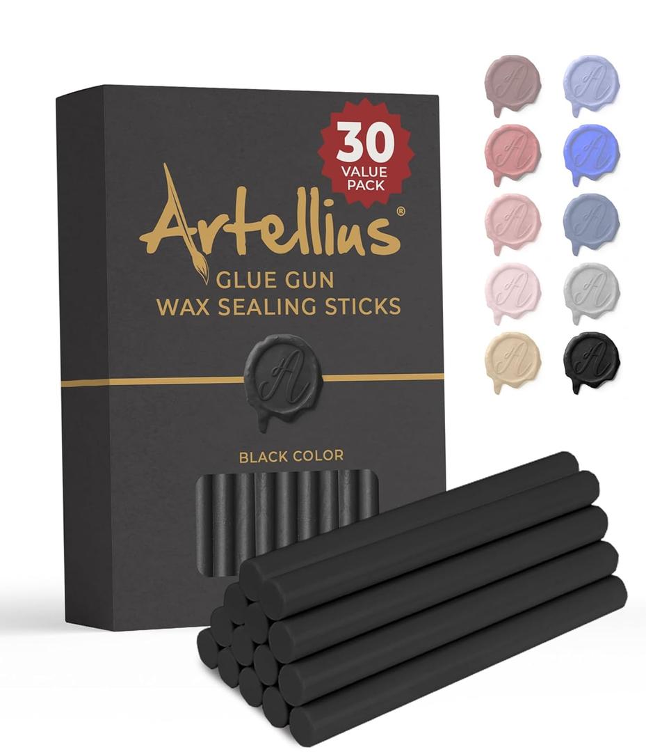 Artellius Wax Seal Sticks - 30-Pack 4-Inch x 0.3-Inch Black - Use with Glue Guns & Candles - Bulk Craft Sticks for Wax Seal Stamps & Envelopes
