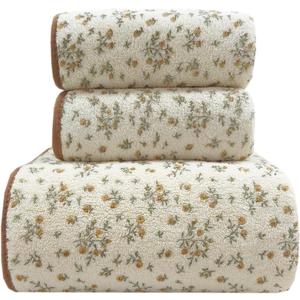 USTIDE 3 Piece Bath Towel Set, Soft Coral Fleece Bathroom Towels with Vintage Floral Print - Includes 1 Bath Towel & 2 Hand Towels, Highly Absorbent & Decorative, White