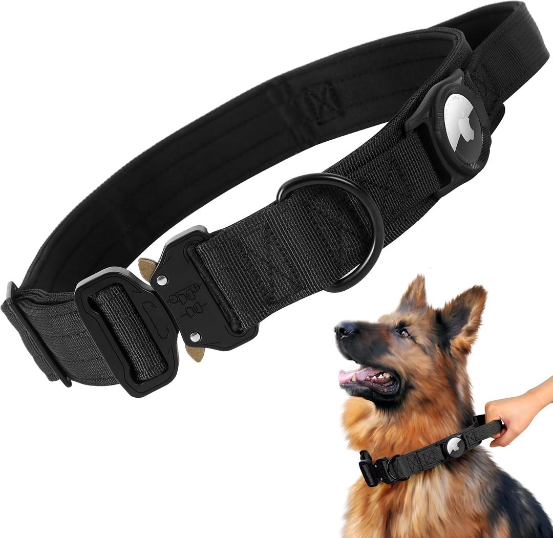 1.5’’ Wide Tactical Large Dog Collar with Airtag Holder (Black, L)