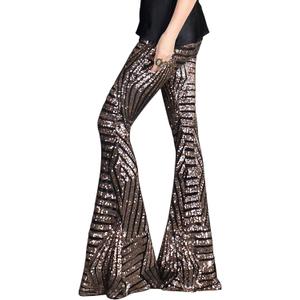 BLENCOT Women's Glitter Sequin Wide Leg Palazzo Pants High Waist Bell Bottoms Party Flared Trousers (X-Large, Brown)