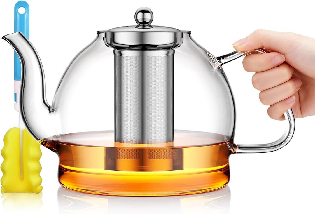 1800ml Glass Teapot with Infuser, Stovetop Safe Large Tea Pot, Hand Crafted Borosilicate Glass Tea Kettle, Blooming and Loose Leaf Tea Maker for Tea Lovers, Tea Gift Set with Cleaning Brush