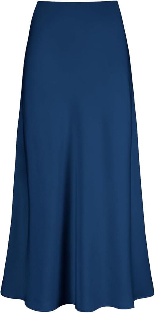 Women's Satin High Waisted Maxi Skirts Hidden Elasticized Waistband A Line Long Skirt (Medium, Navy)