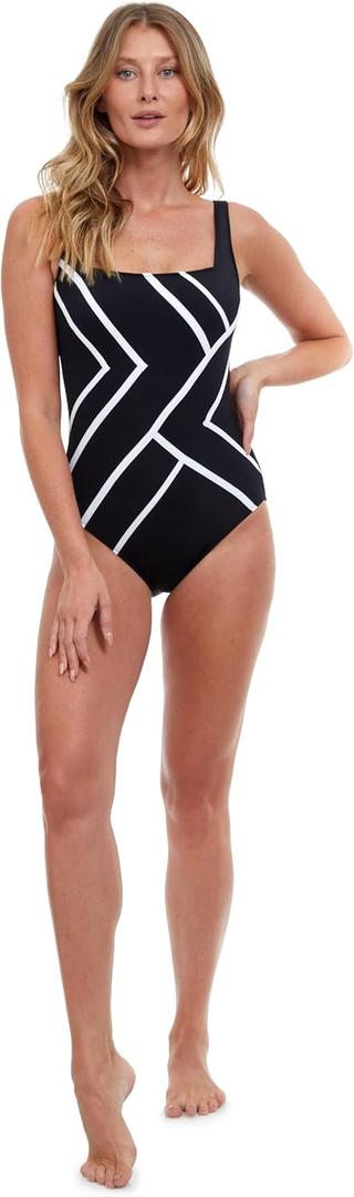 Gottex Mirage Women's Square Neck One Piece Swimsuit Essential with Soft Cups, Tummy Control, B Lining and Adjustable Straps (10, Blk/Wh)