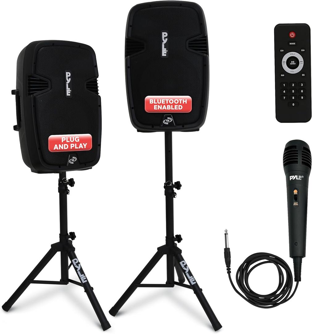 Pyle Wireless Portable PA System Kit - 1800W Peak, Bluetooth Compatible, Active + Passive Pair For Indoor / Outdoor Sound, Multiple Inputs-USB SD AUX XLR RCA, Comes With 2 Stands, Wired Mic, Remote