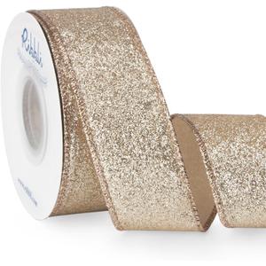 Ribbli Champagne Gold Glitter Wired Ribbon, Champagne with Metallic Edge,Christmas Ribbon for Wreath, Chritmas Tree Decoration, Gift Wrapping,Home Decor, 1-1/2 Inch x 10 Yards