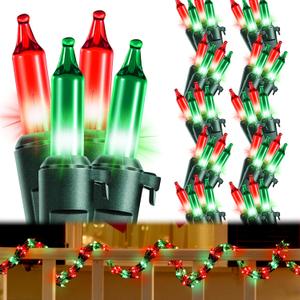 2 Pcs 9' 300 Bulb Christmas Garland String Lights, Incandescent Christmas Connectable Garland Indoor Outdoor Lights for Patio Banisters Columns Xmas Tree Decor (Red/Green Lamps,Green Wire)