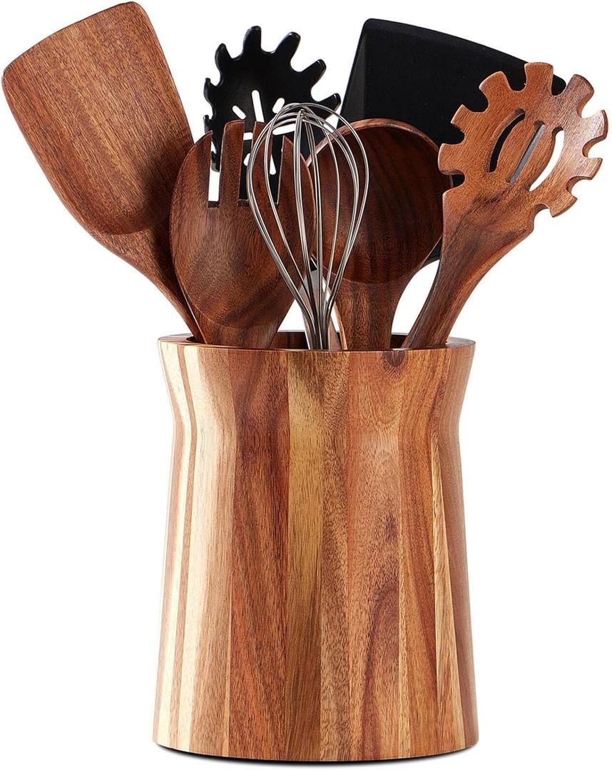 Wooden Utensil Holder for Countertop, 360 Rotating Kitchen Utensil Holder, 7.2"x 6" Large Acacia Wood Crock, Farmhouse Kitchen Decor
