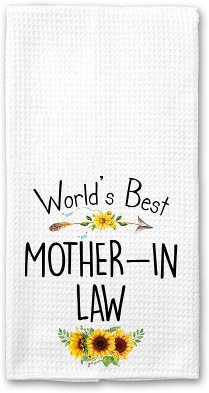 3 x World's Best Mother-in-Law Kitchen Towel, Floral Sunflower Kitchen Towel, Best Mother-in-Law Ever, Gift Mothers Day Birthday Christmas Thanksgiving for Mother-in-Law