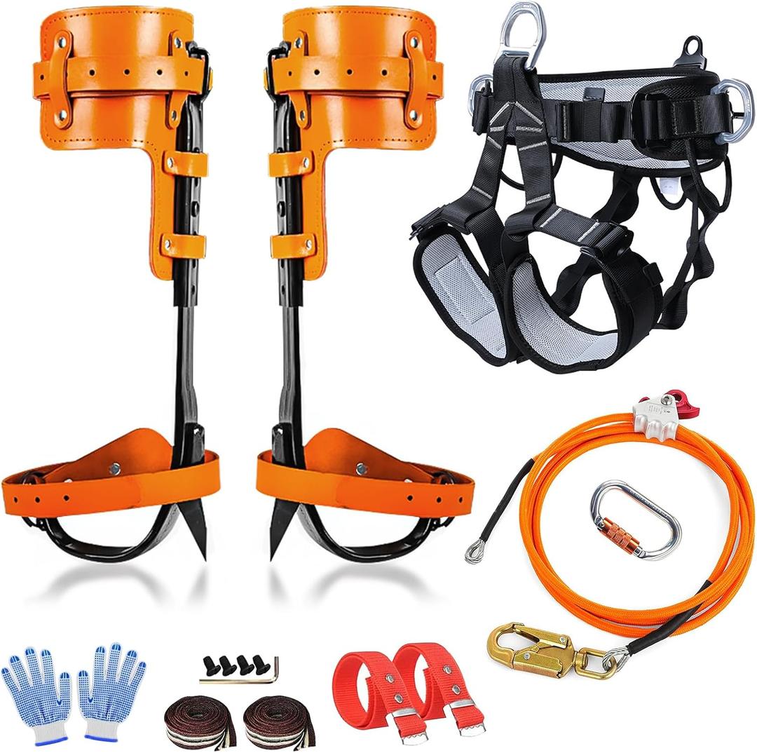 Tree Climbing Gear, Tree Climbing Spikes, Tree Climbing Gear with Adjustable Climbing Straps and Steel Core Flip Line, Rock Climbing Kit with Triple Lock Lanyard Adjuster