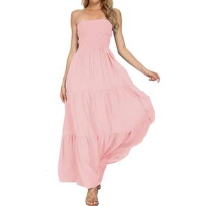 Women's Summer Strapless Tube Top Maxi Dresses Off Shoulder Boho Beach Long Dress (Small, Pink 109)