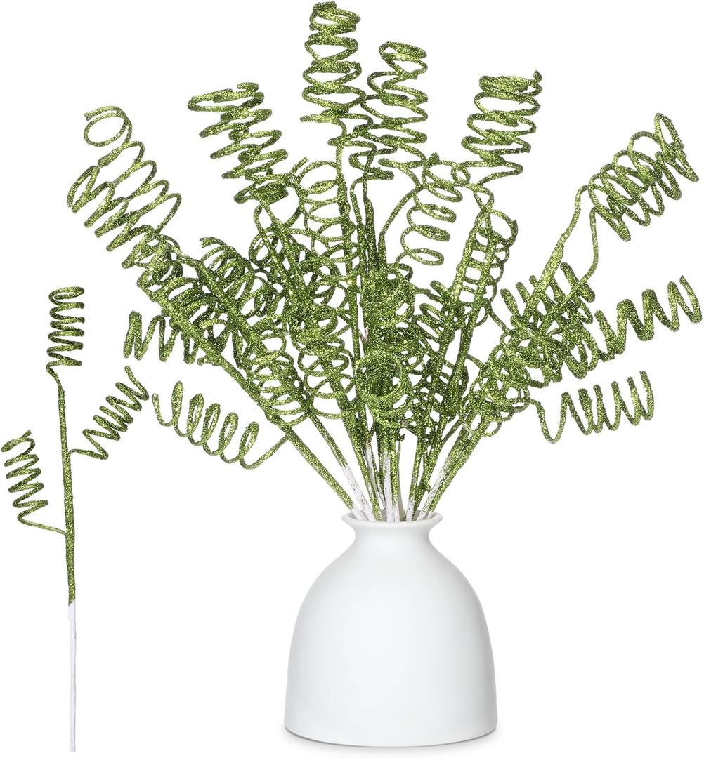 12 Pcs Lime Green Christmas Glitter Curly Tree Picks and Sprays for Tree 11.81" Artificial Glitter Stem Pick and Twigs Decorations Xmas Vase Filler Ornaments Topper Branch for DIY Wreath