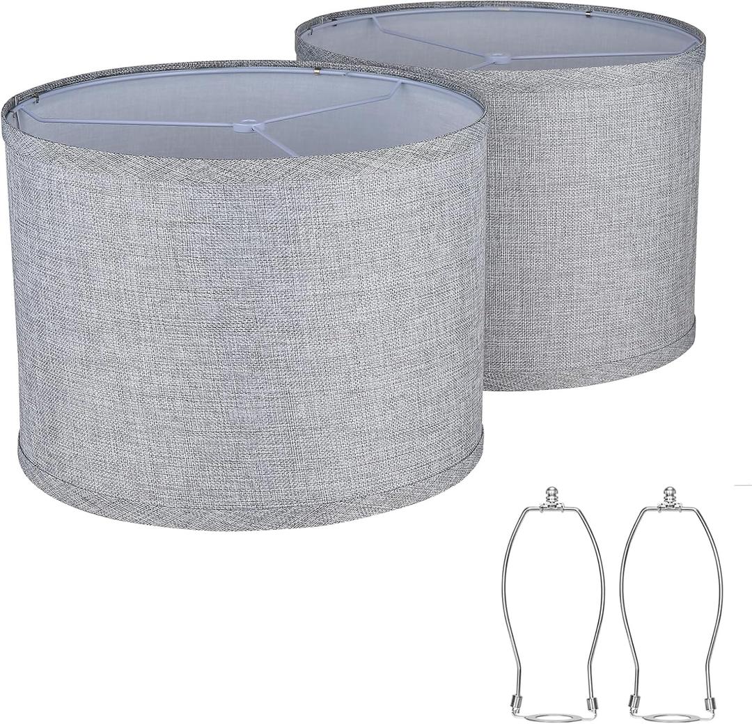 Lamp shades Set of 2,Drum Lampshades 13"x13" x 10" High, Medium Lampshades for Table Lamps Floor Lamps, Natural Linen Hand Crafted, Easy Assembly Required,Gray Lampshade((Spider Fitter)