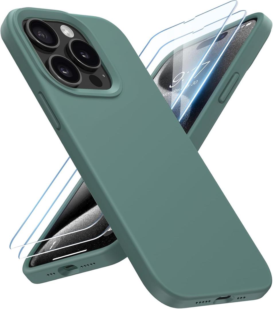 2 x for iPhone 15 Pro Case Liquid Silicone Slim Shockproof Protective Cover 6.1 Inch Anti-Scratch Drop Protection,Forest Green