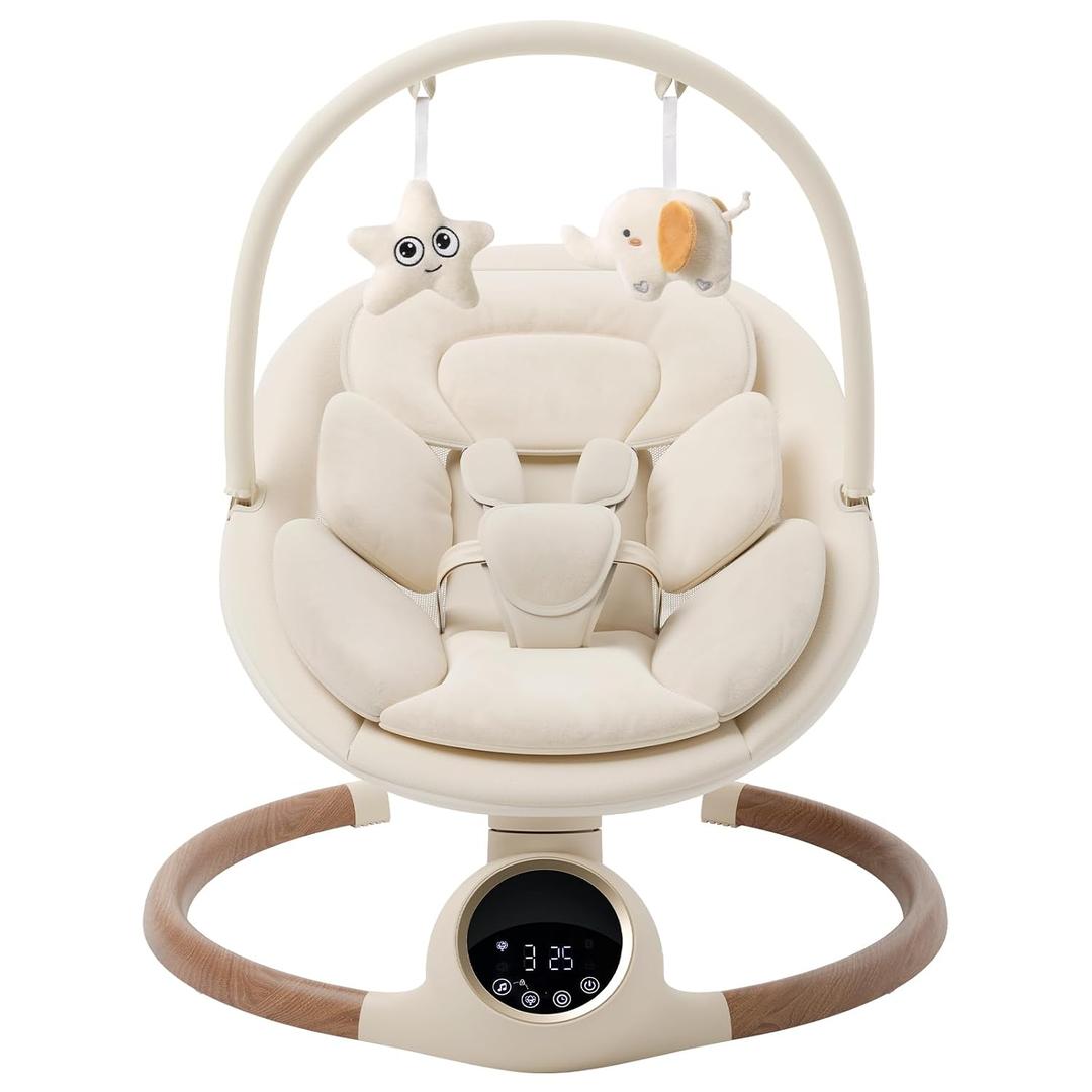 Baby Swing for Infants with 5 Point Harness, 5 Speeds Infant Swing with Soft Cushion, 10 Songs and Bluetooth Music for Newborn, Remote Control & Touch Panel Use, Beige