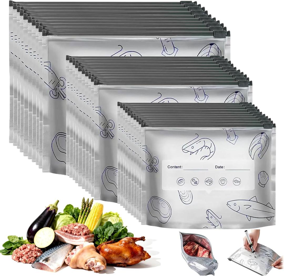 EMESAK Reusable Aluminum Foil Sealable Storage Bags, Leak Proof Stand Up Freezer Bags With Zipper Lock Label for Food Preservation Vegetables Fruit,Meat,Snacks,Bread,Seafood (30PCS,3 size)