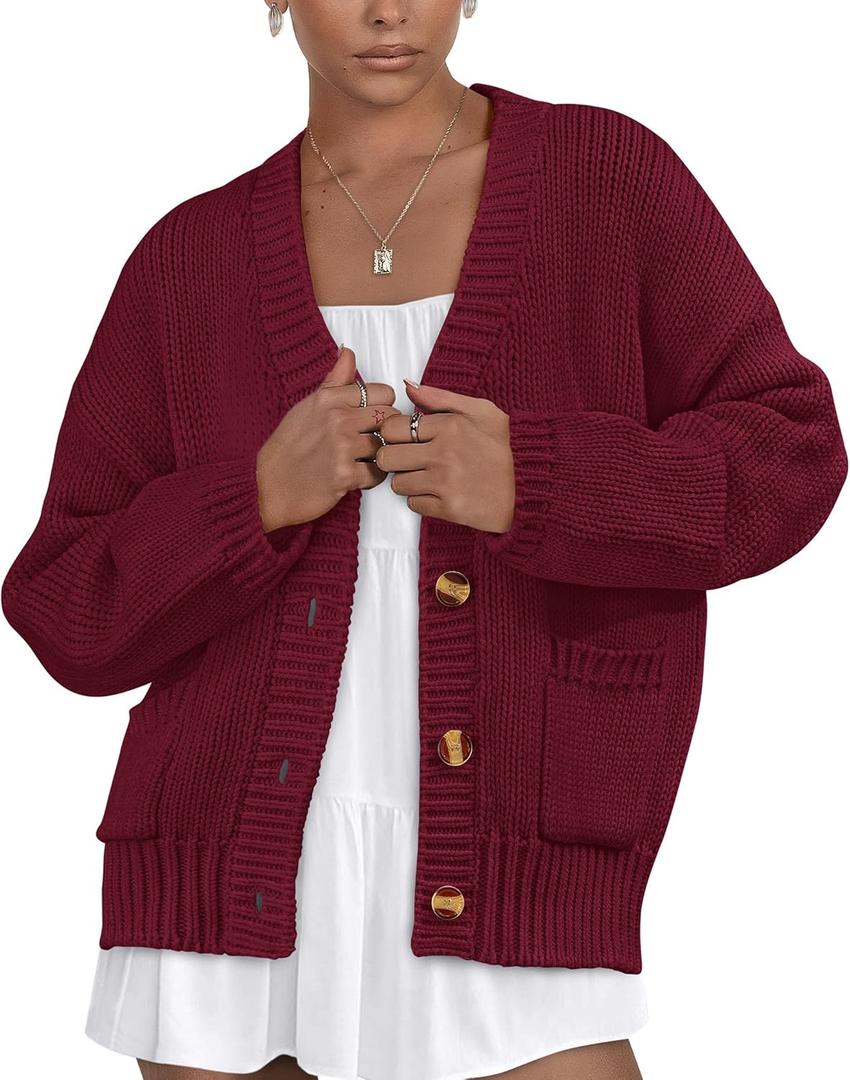 PRETTYGARDEN Women's 2025 Fall Cardigan Sweaters Long Sleeve Open Front Button Up V Neck Knit Winter Fashion Clothes (Wine Red,Medium)