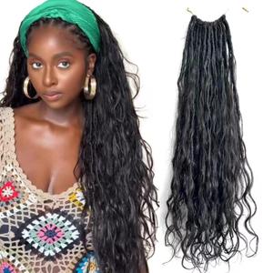 Pre-looped Crochet Boho Faux Locs with Human Hair body wave Ends Boho Hair Braids Goddess Dreadlocks Hair for Black Women Natural Color 22 Inch (Pack of 2)