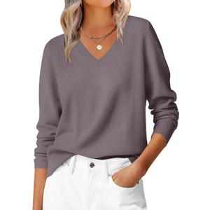 ANRABESS Womens Long Sleeve V Neck Sweaters 2025 Fall Casual Classic Soft Loose Fit Basic Pullover Jumper Top (Pink, L)
