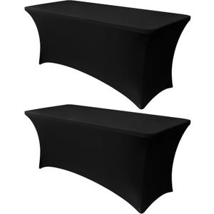 Obstal 6ft Stretch Black Spandex Table Cloth for Standard Folding Tables - 2 Pack Universal Rectangular Fitted Tablecloth Protector for Wedding, Trade Show, Vendor Stand