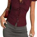 SweatyRocks Women's Ruched Button Down Shirt Short Sleeve Tie Back Fitted Blouses (Medium, Burgundy)