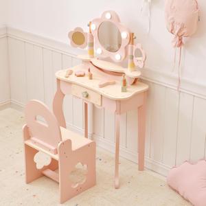 OOOK Kids Vanity Table and Chair Set with Lights, Makeup Vanities with Touch Screen 3 Colors, Pink Girls Vanitys, Enough for Real and Pretend Makeup, Toddler Vanity for 3 Year Old