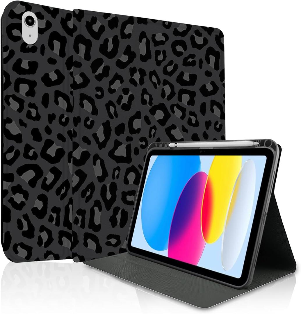 TopPerfekt Case for iPad 11th (A16) 11-inch 2025 / for iPad 10th Generation 10.9-inch 2022,Stand Folio Case Cover with Pencil Holder for Kids,Boys,Girls, Anti-Slip and Anti-Shock - Leopard Black Gray