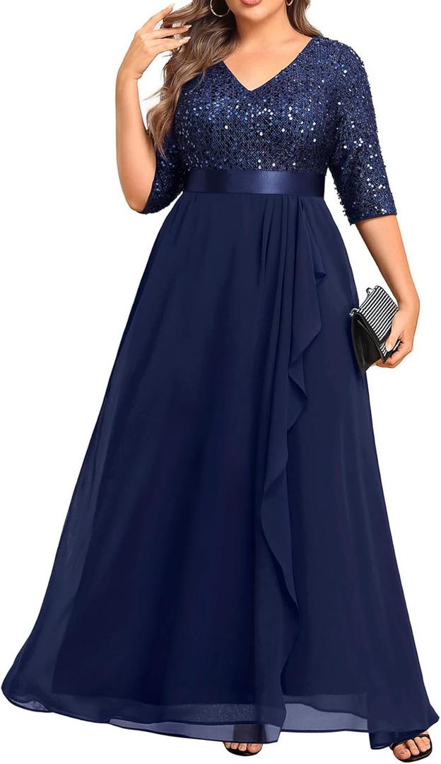 Talisea Plus Size Formal Dresses - V Neck 3/4 Sleeves Sequin Evening Gowns Prom Gala Wedding Guest Chiffon Long Maxi Dress