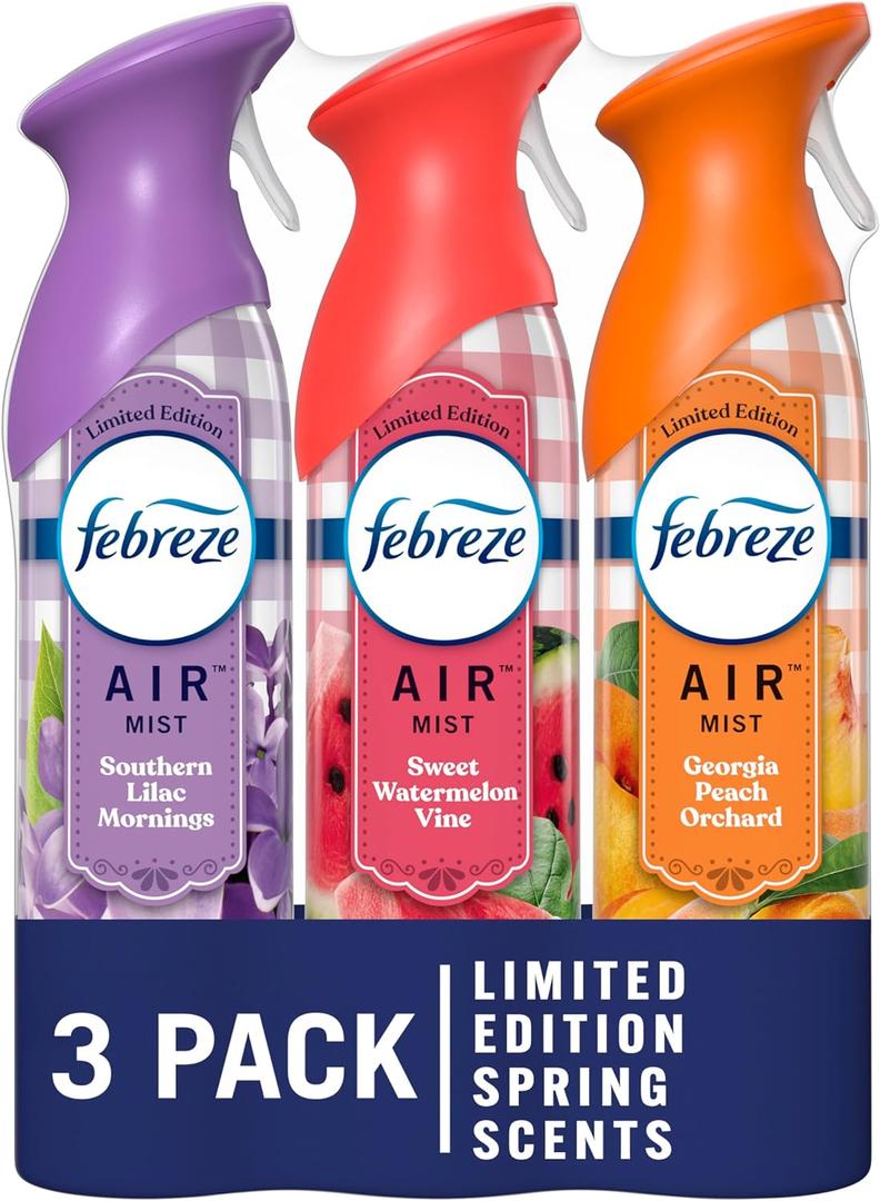 2 x Febreze Air Mist Air Freshener Spray, Odor-Fighting Room Spray for Home, Bathroom and Kitchen, Aerosol Can, Southern Lilac Mornings, Georgia Peach Orchard, Sweet Watermelon Vine Scent, 8.8oz, 3 Count