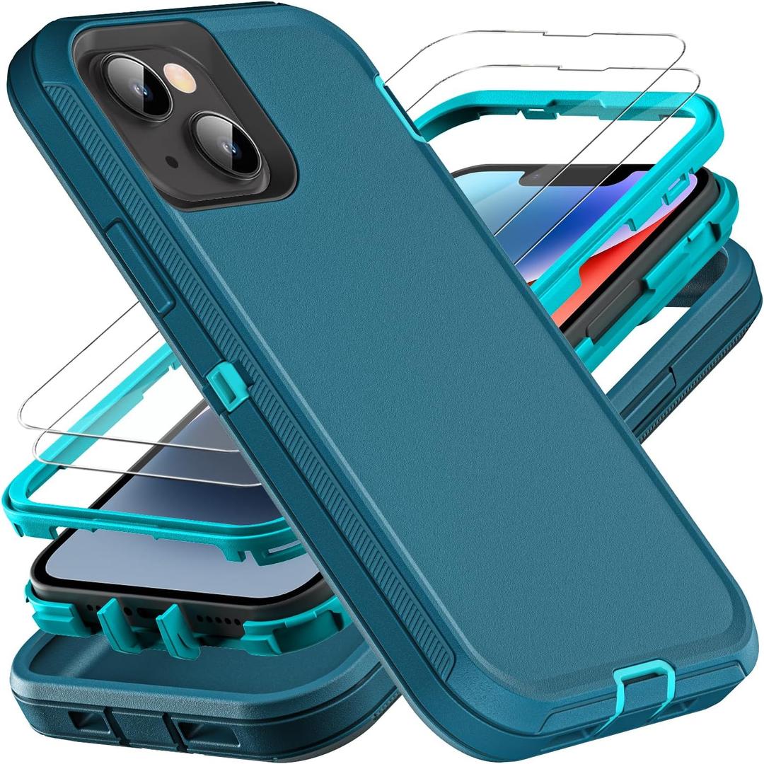 YKHJKLEC Military Grade 3 in 1 Heavy Duty Case for iPhone 13/14 - Shockproof, Drop Proof, Dust Proof With 2Pcs Tempered Glass Screen Protector (Blue/Turquoise)