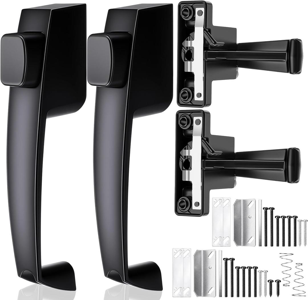 Novabright 2 Set Storm and Screen Door Push Button Latch, Fits Doors 5/8 1-1/4 Thick, Storm Screen Door Handle Replacement with Latch, Easy Installation, No Lock-Out, Aluminum Finish, Modern(Black)