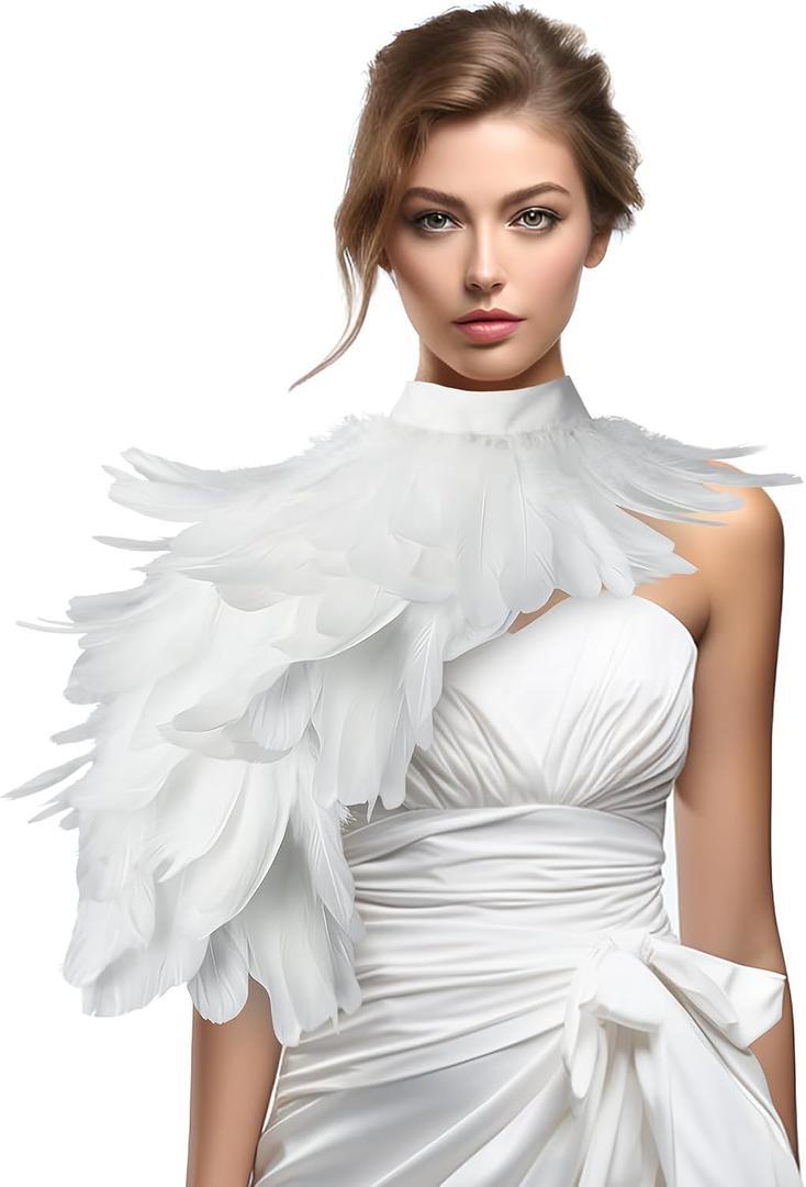 Black Feather Shawl for Women Masquerade Witch Wings Cape Halloween Maleficent Costume Collar Accessories (Xp-white)