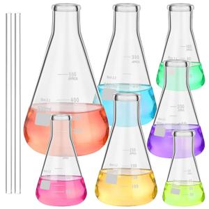 9 Pack Glass Erlenmeyer Flask Set with Glass Stirring Rod, 7 Sizes, 50ml, 100ml, 150ml, 200ml, 250ml, 300ml, 500ml, Narrow Mouth Borosilicate Erlenmeyer Flask with Printed Graduation for Lab Chemistry