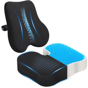 Gel Seat Cushion & Lumbar Support Pillow Set, Cooling Memory Foam for Tailbone & Sciatica Pain Relief, Ergonomic Office Chair Cushion with Breathable Mesh Cover for Car, Home, Wheelchair (Black)