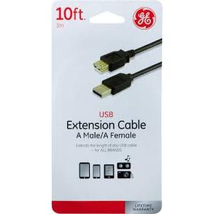 GE USB Extension Cable A Male and A Female - Black, 10 ft