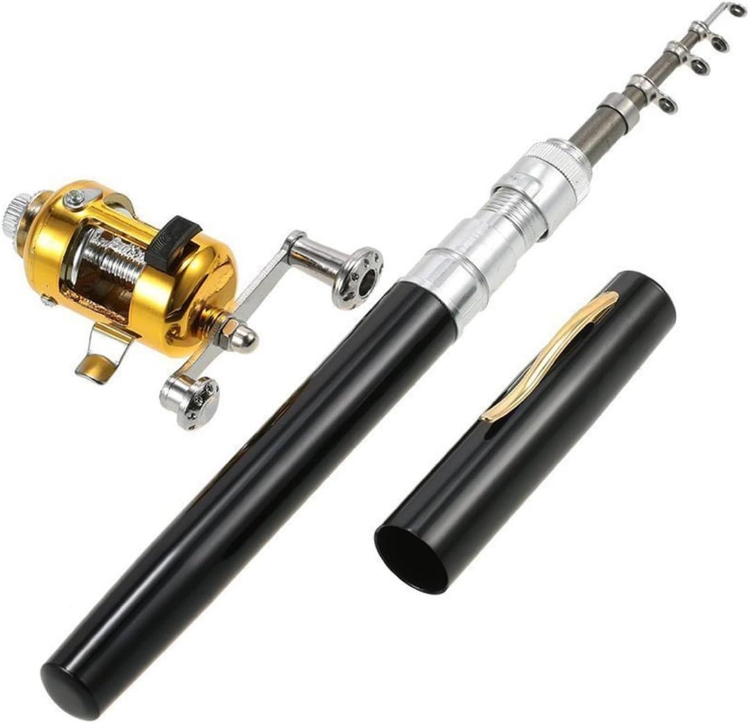 Jatzde Mini Portable Pocket Fish Rod Pen Aluminum Alloy Fishing Rod Pole Reel Combos (Black)