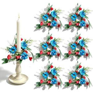2 x 6 Pcs 1.38" Mini Taper Candle Rings Wreaths 4th of July Small Artificial Taper Candle Holder Wreath Candle Ring Wreath for Independence Day Farmhouse Home Candlesticks Table Centerpieces Decor