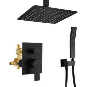 Ceiling Mounted Rain Shower System, SHAMANDA Luxury Brass Shower Faucet Set with 12 Inch Shower Head and Hand Shower(Including Rough-In Valve Body and Trim), Matte Black, LCM701-7
